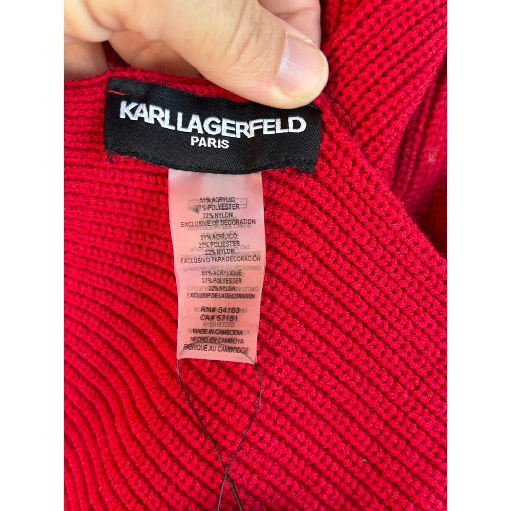 NEW Karl Lagerfeld Paris Scarf Red Novelty Embroidered Knit Ribbed L5KS8131 - Picture 2 of 7